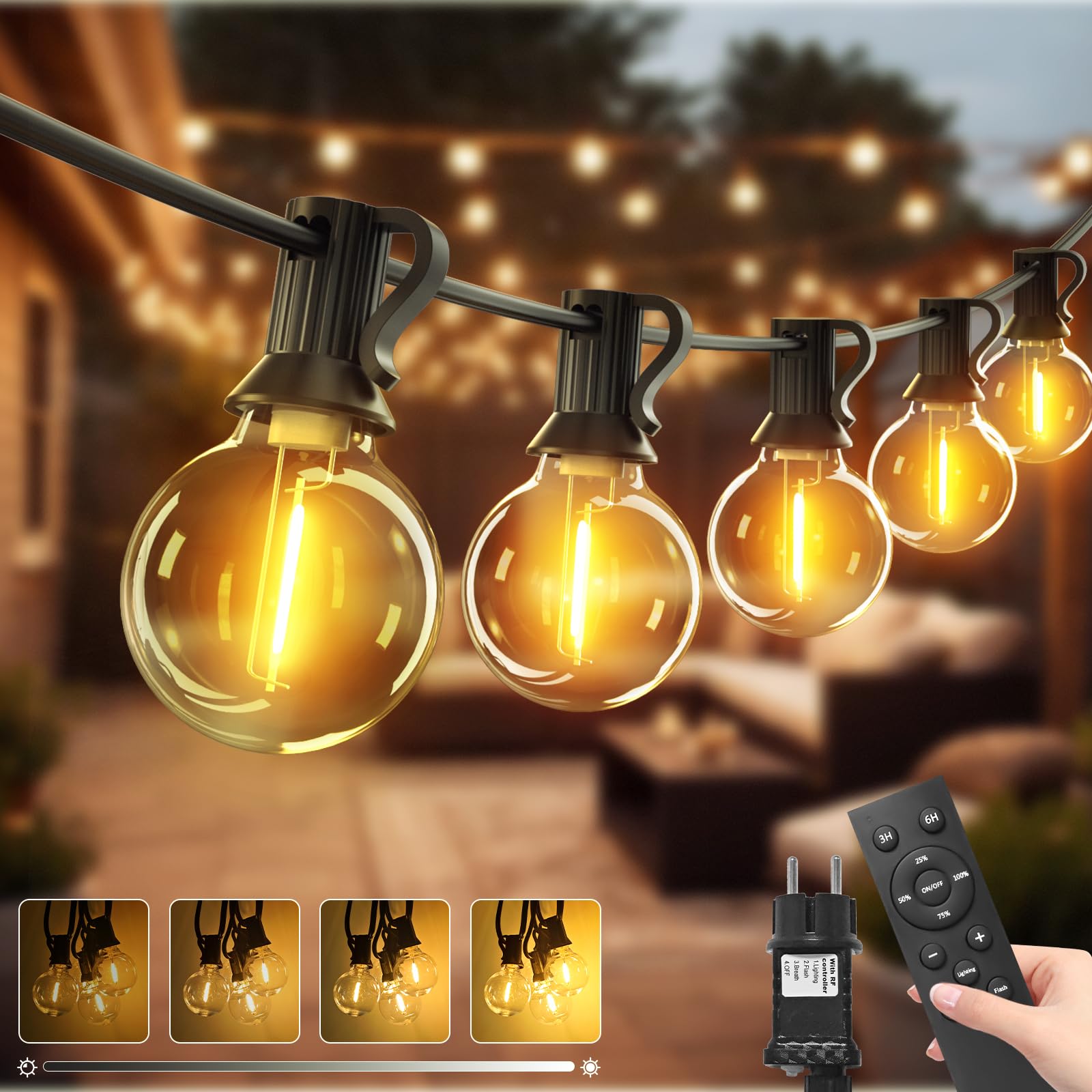 10m Outdoor Fairy Lights with Remote & Timer, Dimmable G40 LED 1 Pack-10M