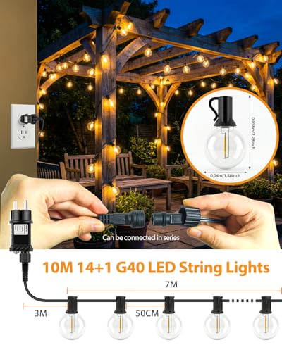 10M Lichterkette Außen mit Fernbedienung & Timer, Dimmbar LED Outdoor Lichterkette Strom, IP44 Wasserdicht Wetterfest Lichterkette Glühbirnen für Garten Terrasse Party Weihnachten, Warmweiß[Ene #4