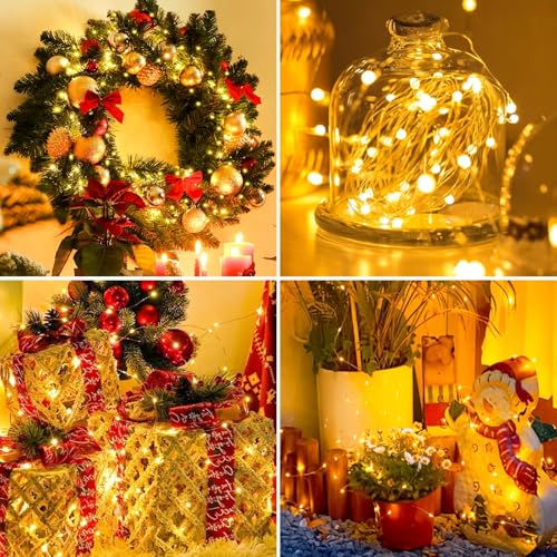 Indoor decoration with battery fairy lights in a vase, warm ambient glow