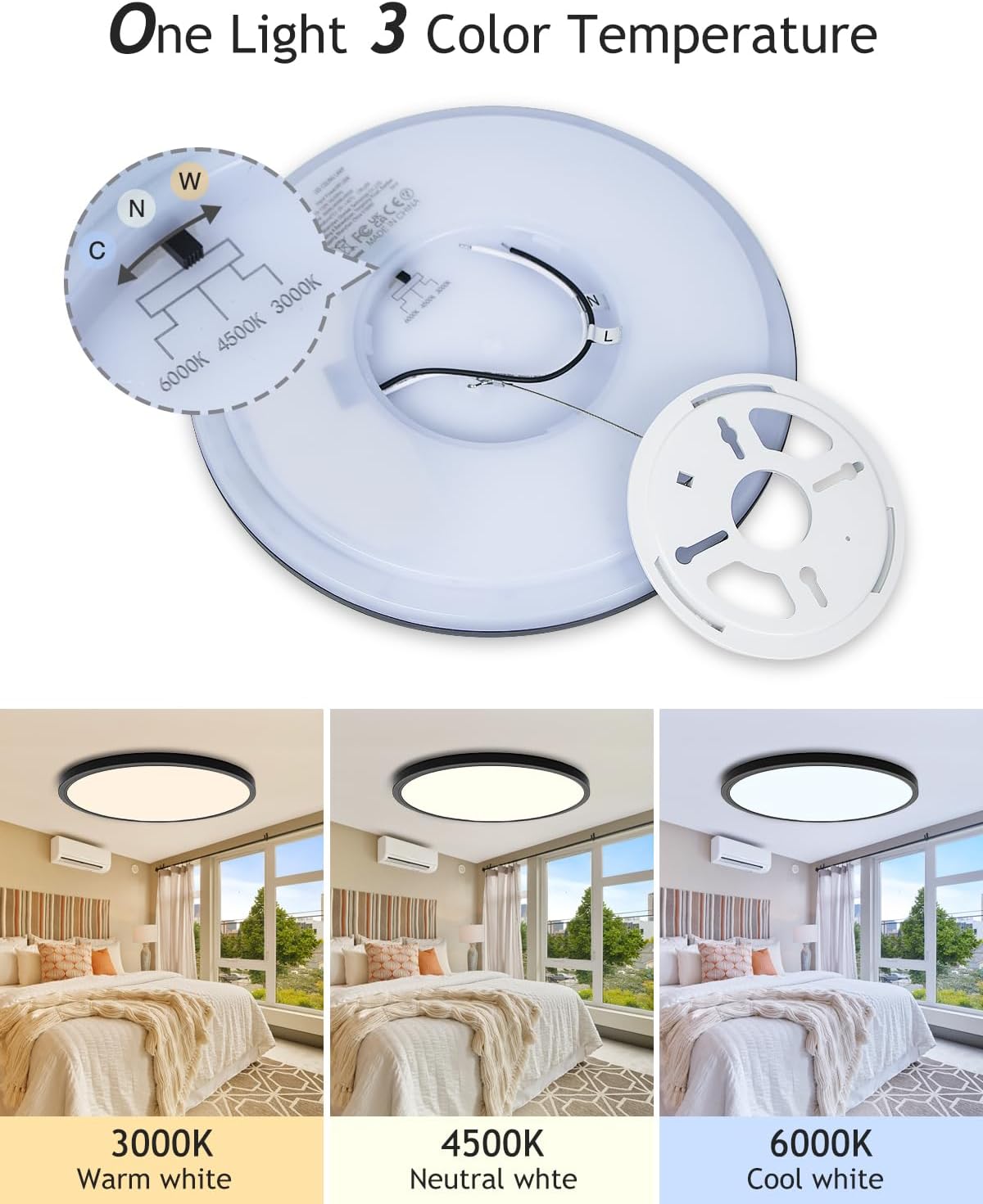CCT adjustable ceiling light displaying 3000K warm, 4500K natural, and 6000K cool white