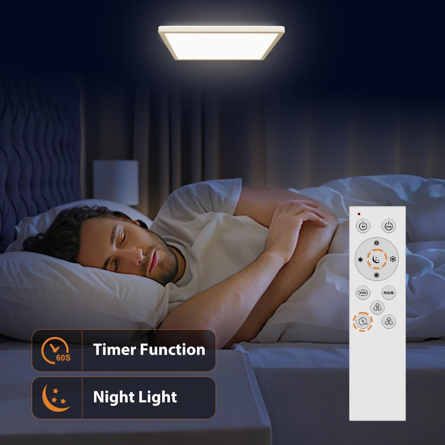 Night light mode and timer functions on 12-inch RGB ceiling light with remote