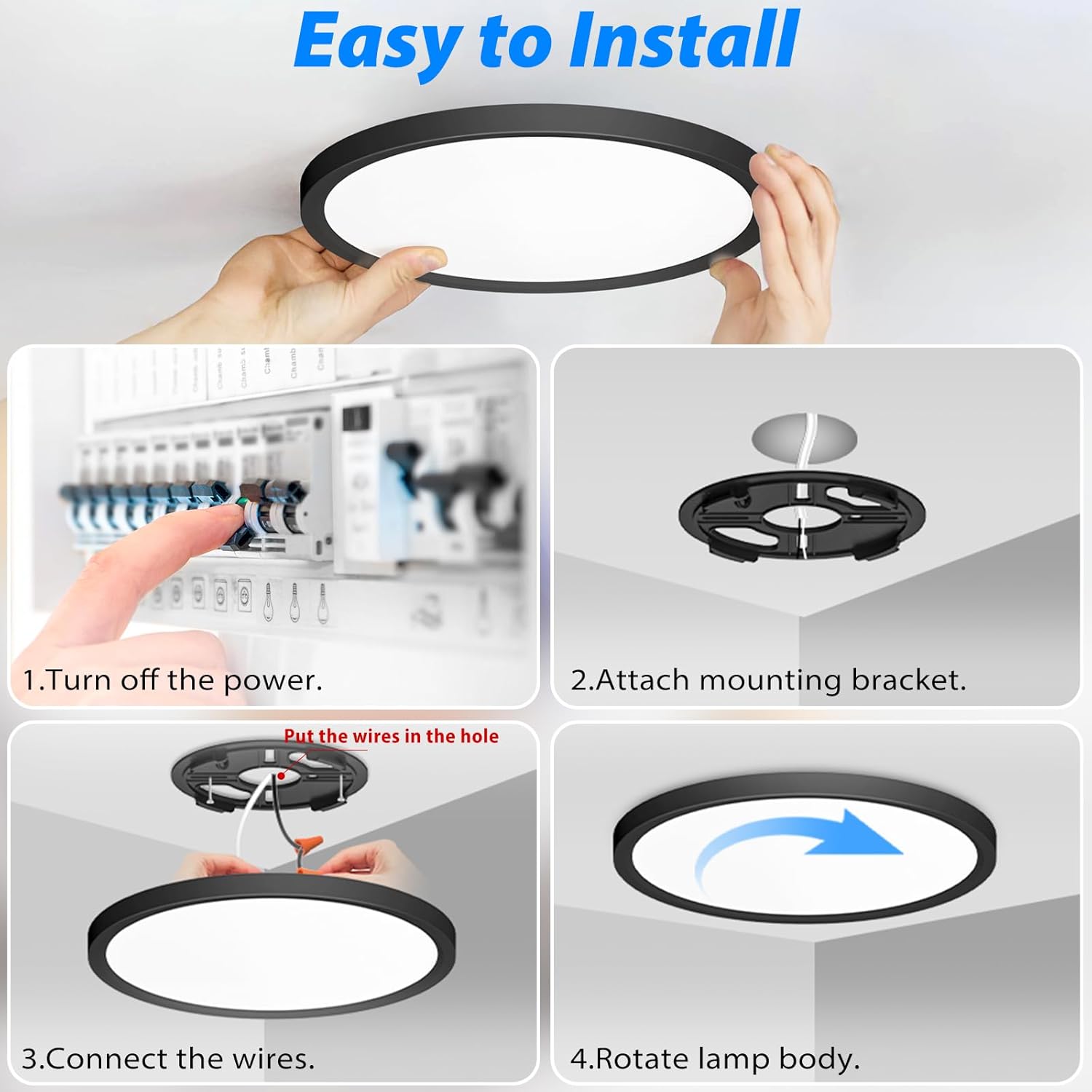 installation diagram for LED ceiling light with step-by-step mounting instructions