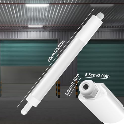 Specs diagram showing 18W, 1960LM, IP65, and 2FT size of LED batten light