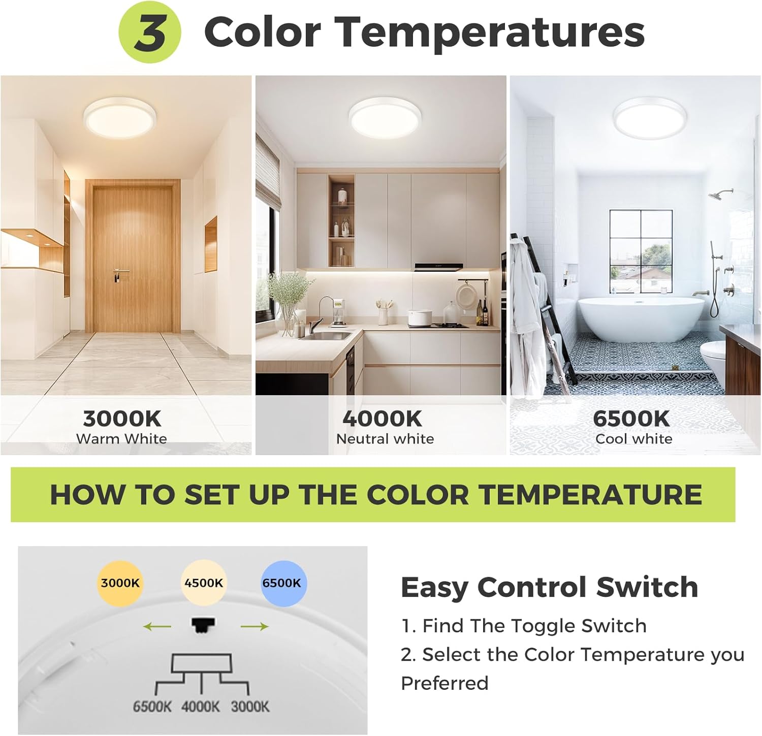 3 color temperature LED ceiling light with toggle switch showing CCT selection