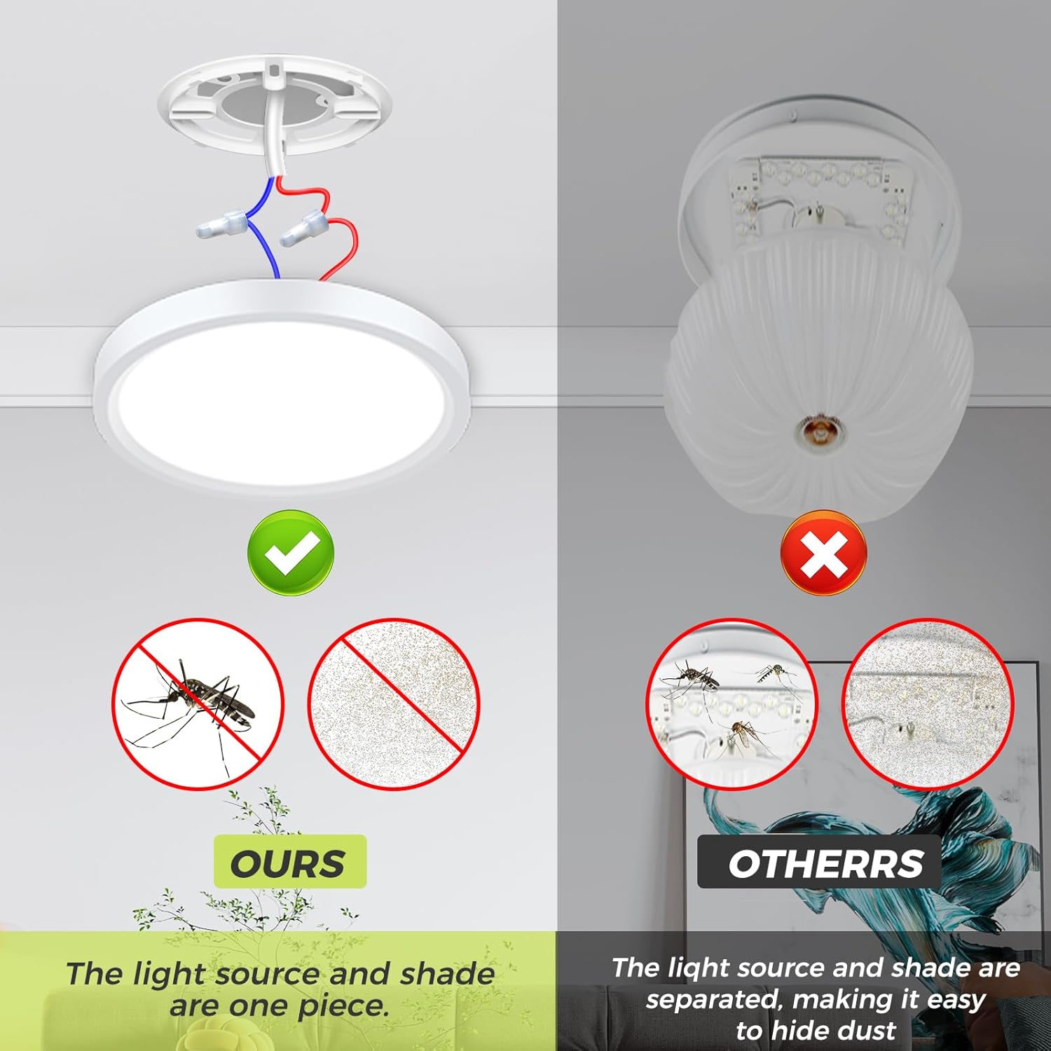 dust-proof comparison showing sealed one-piece design of LED ceiling light