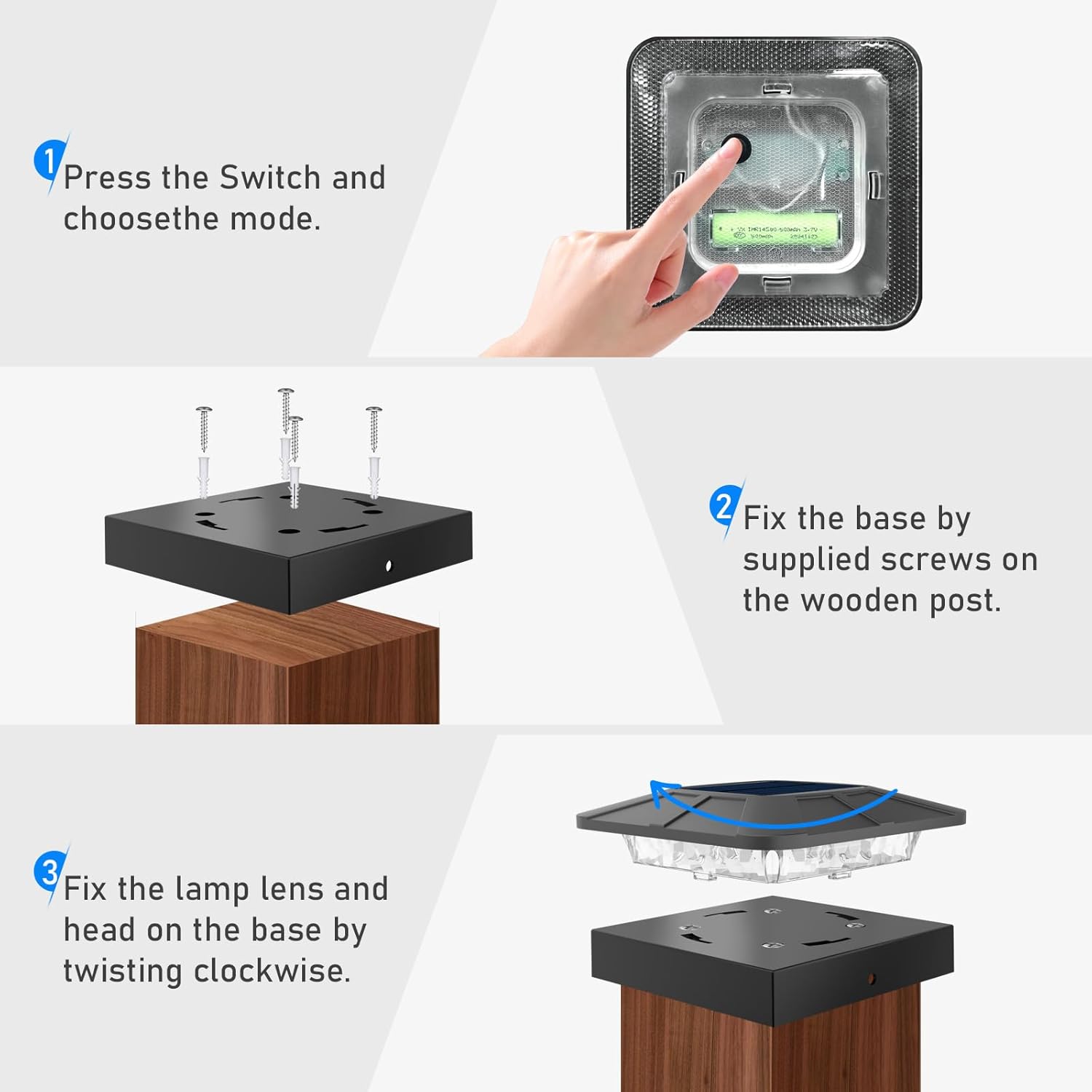 Installation steps for solar post light on a 4x4 inch post