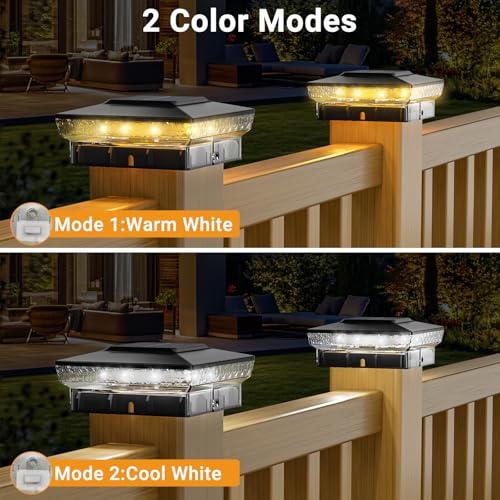 Solar post light showing two color modes: warm white and cool white