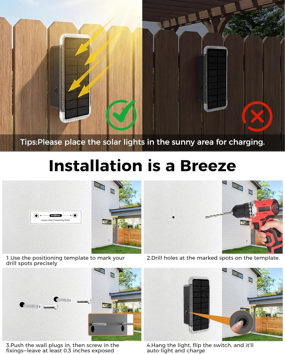 Installation guide showing easy DIY mounting on fence or wall