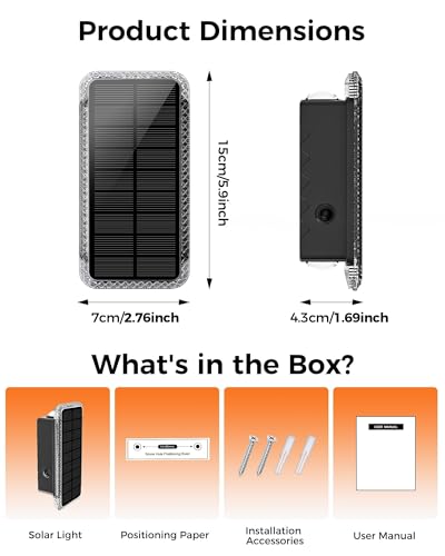 Product dimensions and package contents for solar fence light set