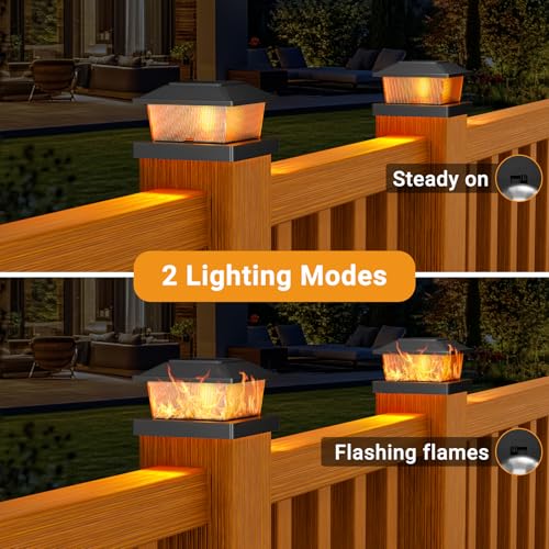 Solar post cap light showing two lighting modes: flame and steady on