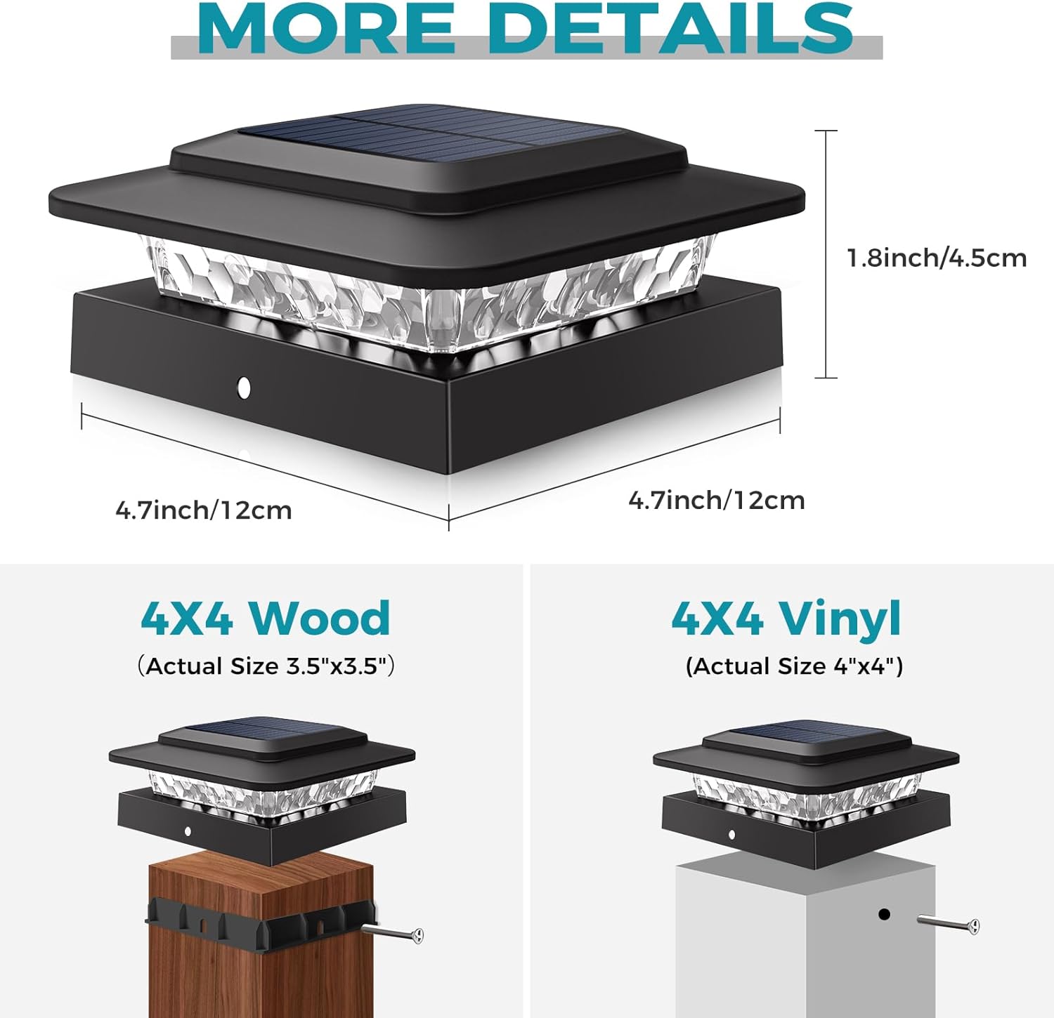 Product size details diagram for solar post cap light fitting 4x4 and 3.5x3.5 posts