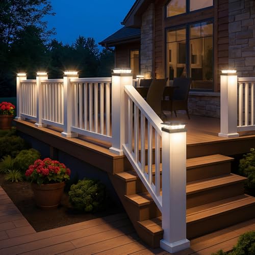 solar post cap lights installed on deck fence posts in outdoor scene
