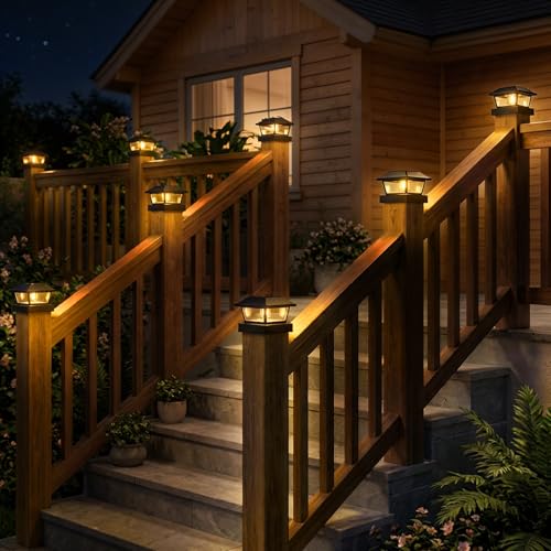 application scenes showing solar post lights on fence, deck, and patio