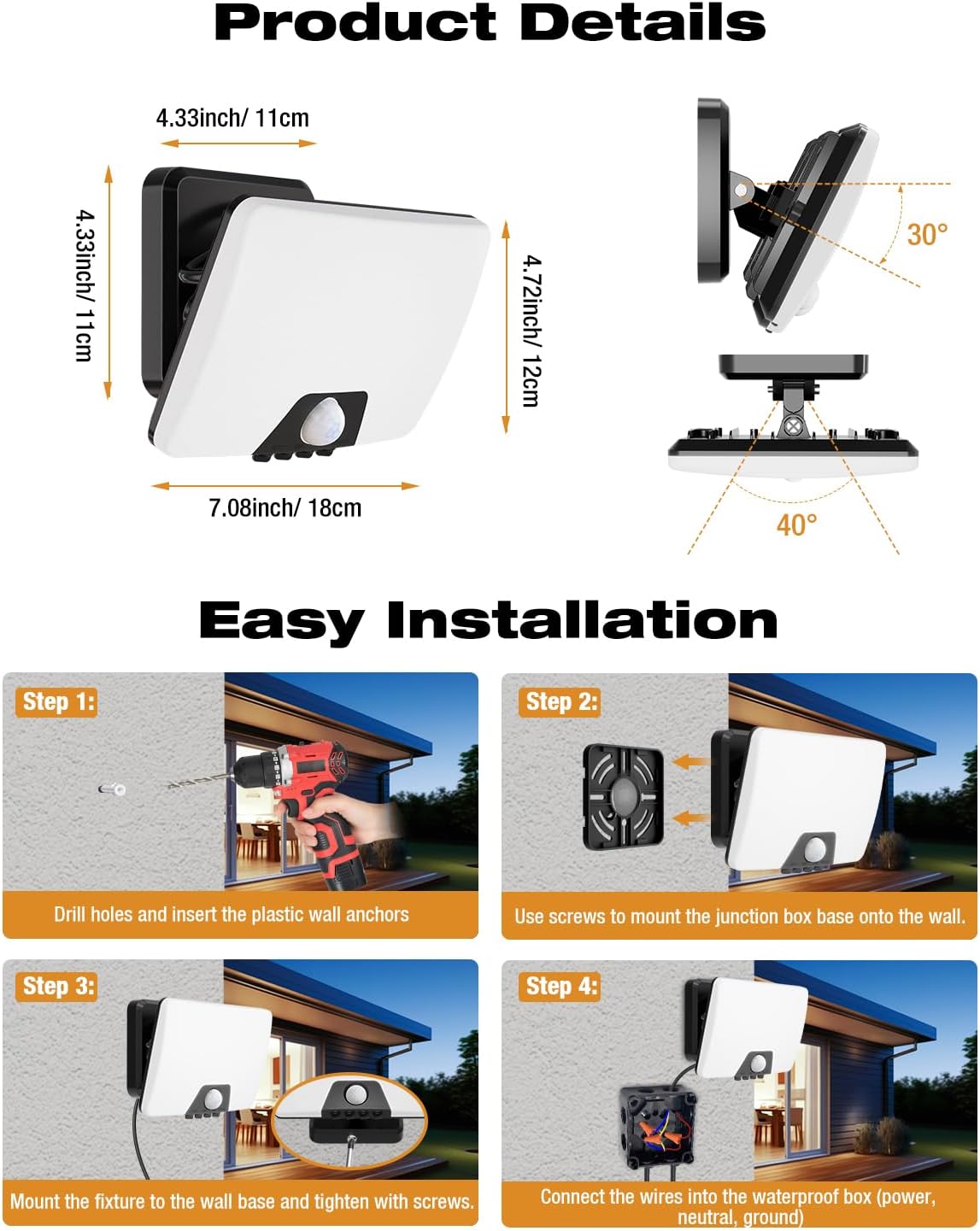 product dimensions and installation diagram for 24W floodlight