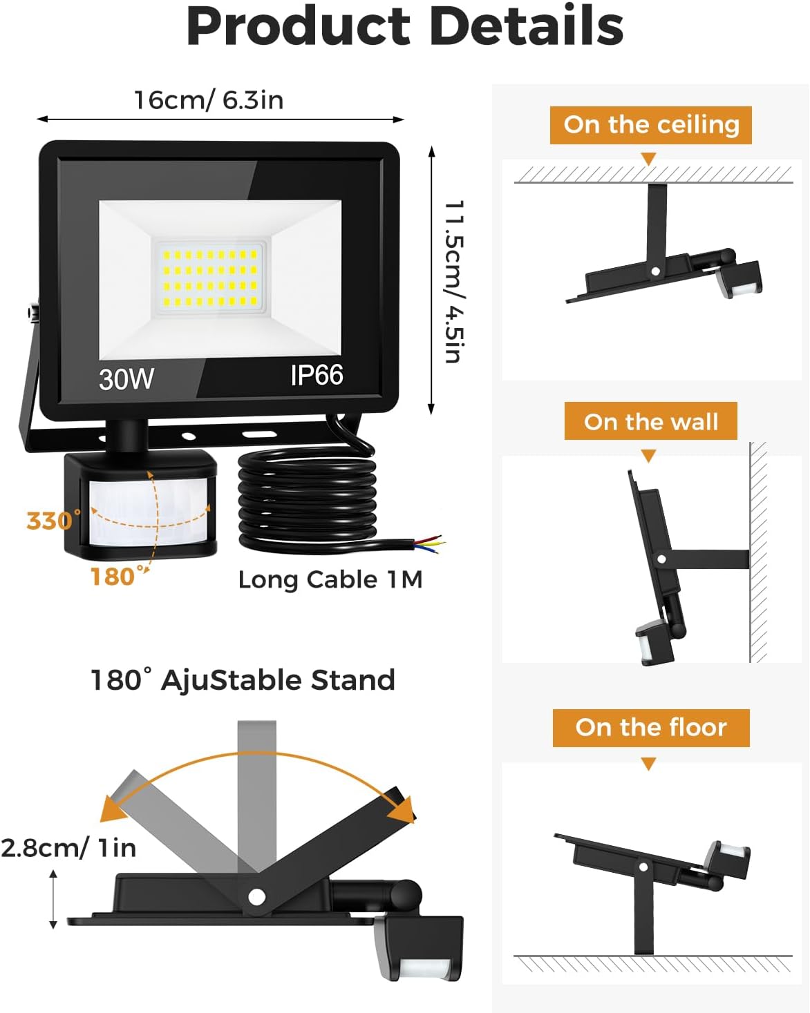 product dimensions and mounting bracket for 50W flood light