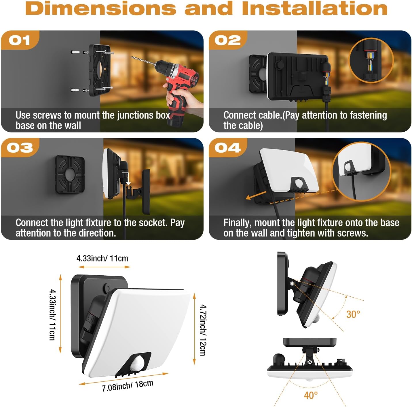 installation dimensions and mounting diagram for the floodlight