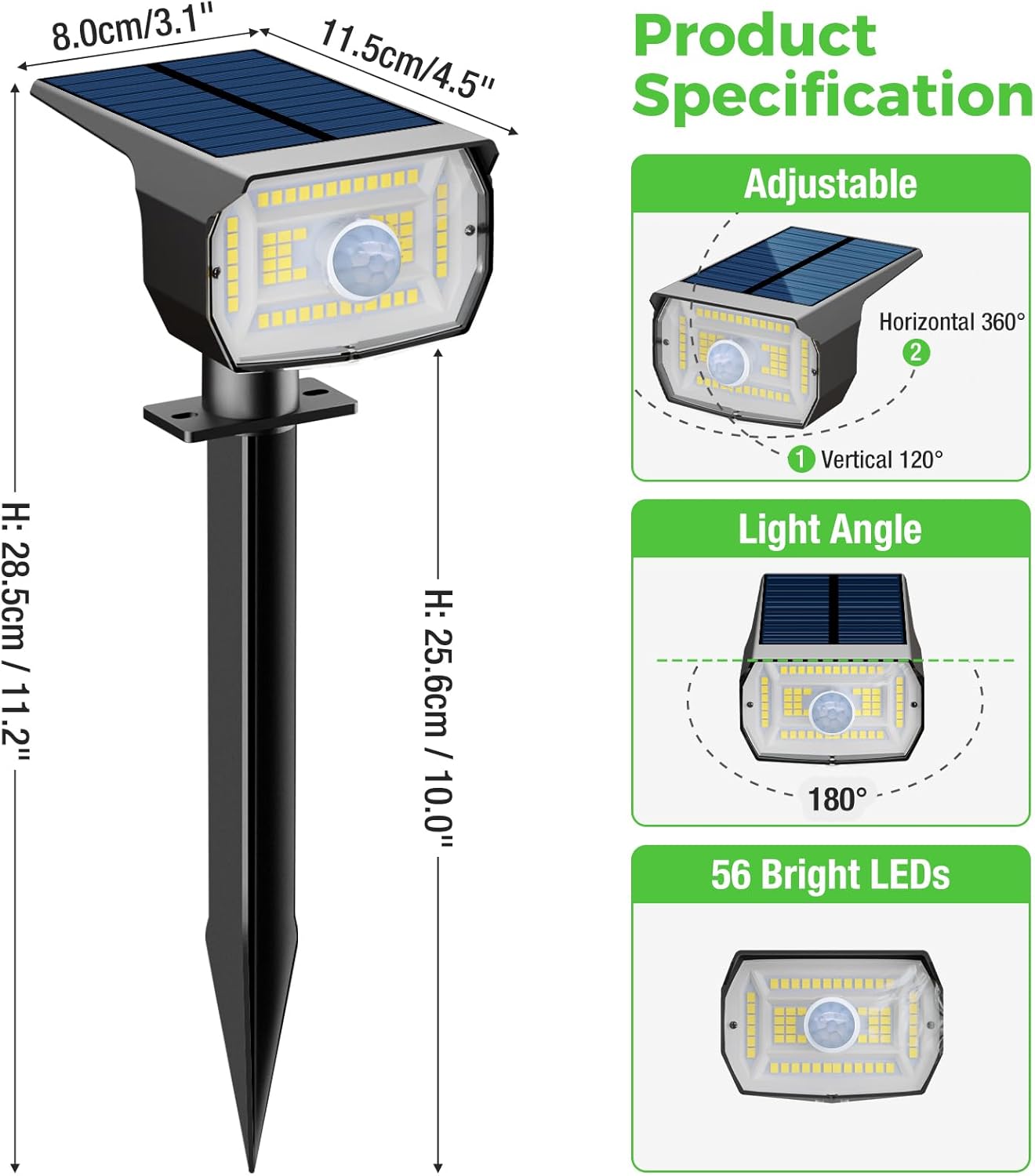 Product dimensions and adjustable angles for the solar spot light