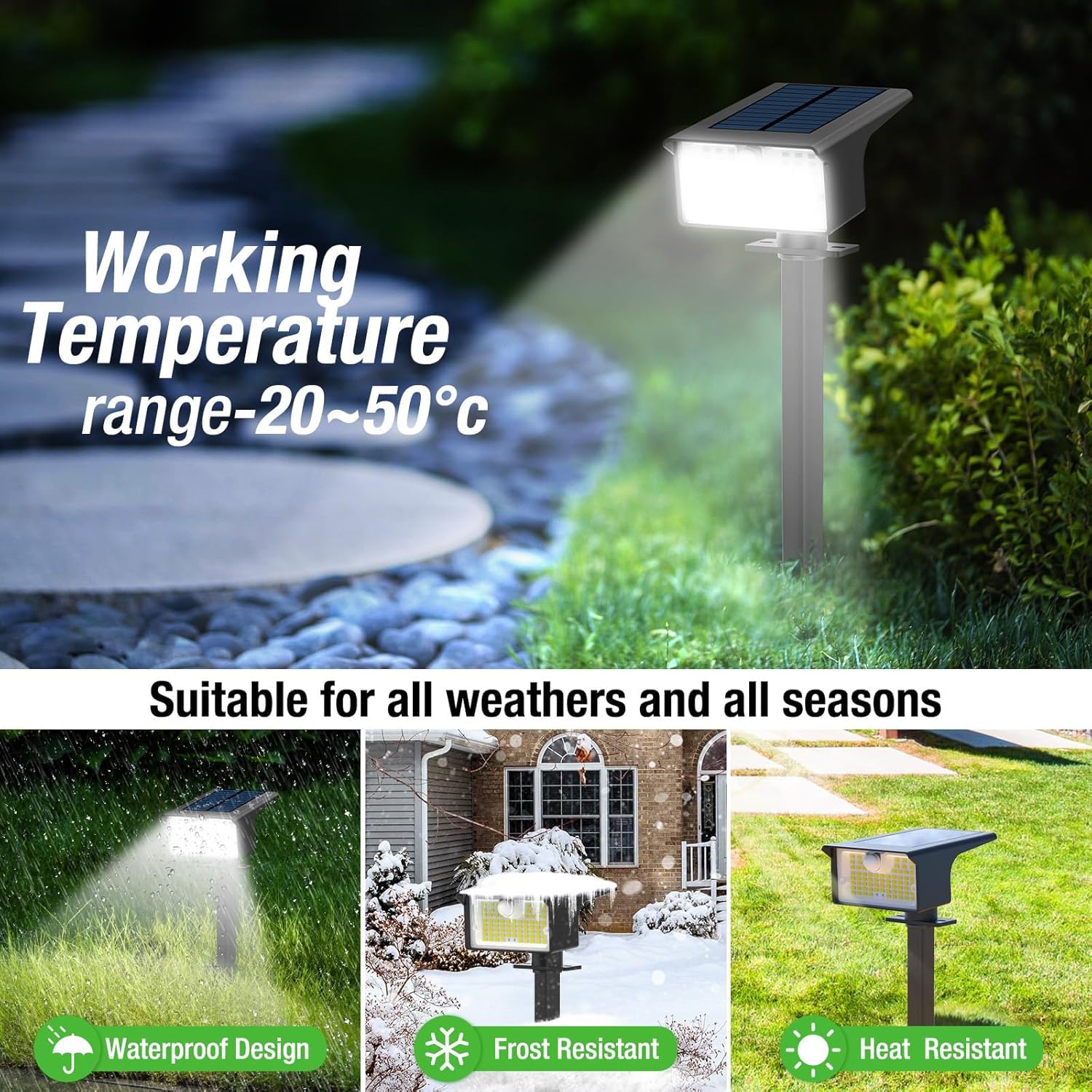 All-weather resistant design with IP65 waterproof construction for outdoor durability.