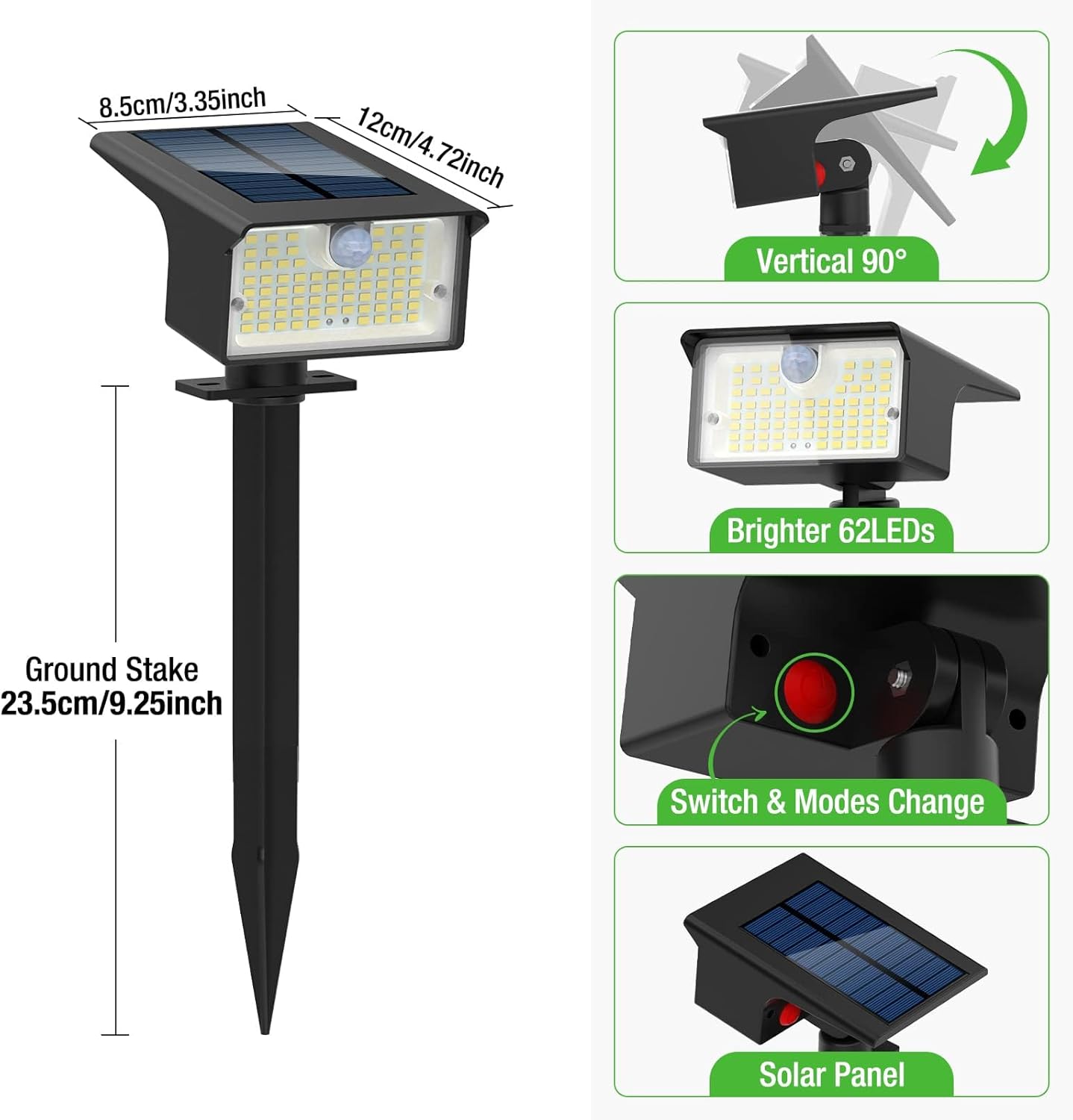 Product size details with dimensions for the 62 LED solar motion sensor spotlight.