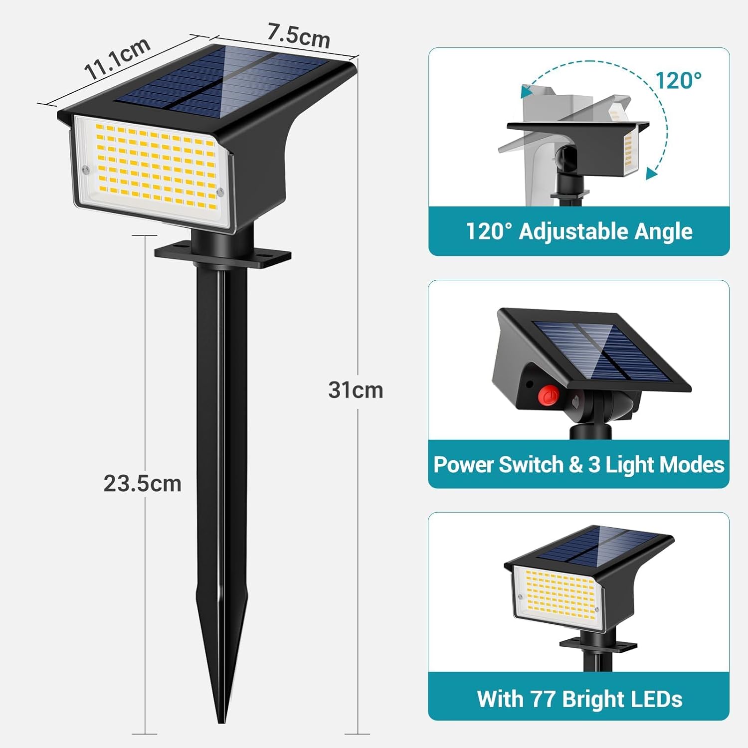 Detailed size diagram of solar spotlight with dimensions for outdoor installation.