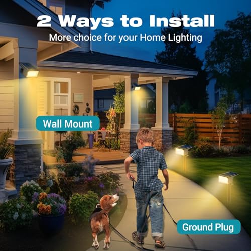 Dual installation options for solar spotlight: stake mount and wall mount.