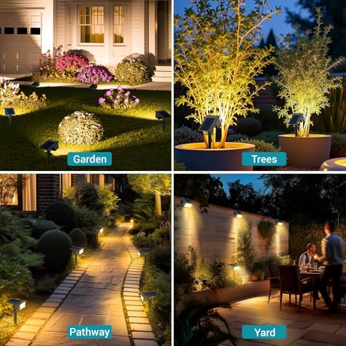 Multi-outdoor applications of solar spotlight in garden, patio, and driveway.