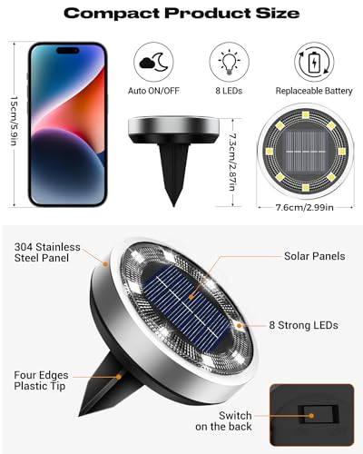 Product size and components diagram for solar ground light with measurements