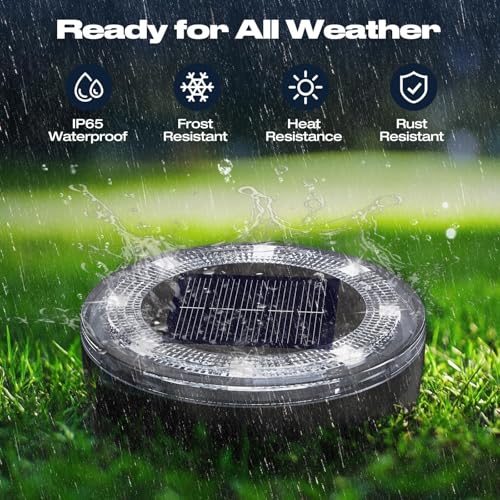 Solar ground lights exposed to rain, demonstrating all-weather resistant IP65 construction.