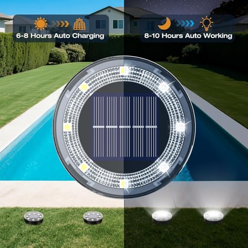 Diagram showing solar ground lights charging during the day and working at night.