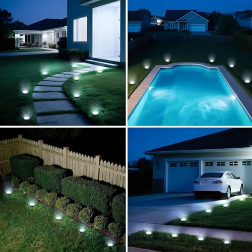 Solar ground lights used in multiple outdoor scenes: lawn, garden, pathway, and driveway.