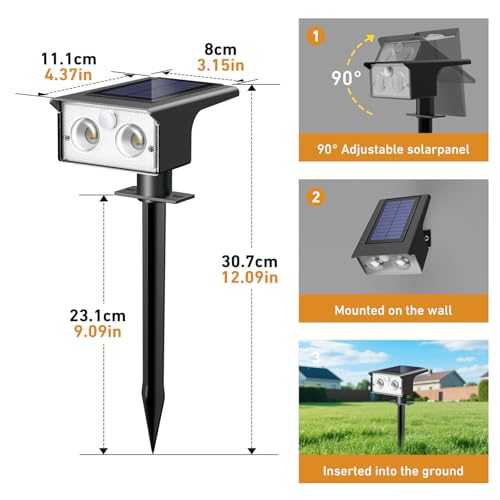 Dimensions and installation diagram for the solar spot light with dual mounting options