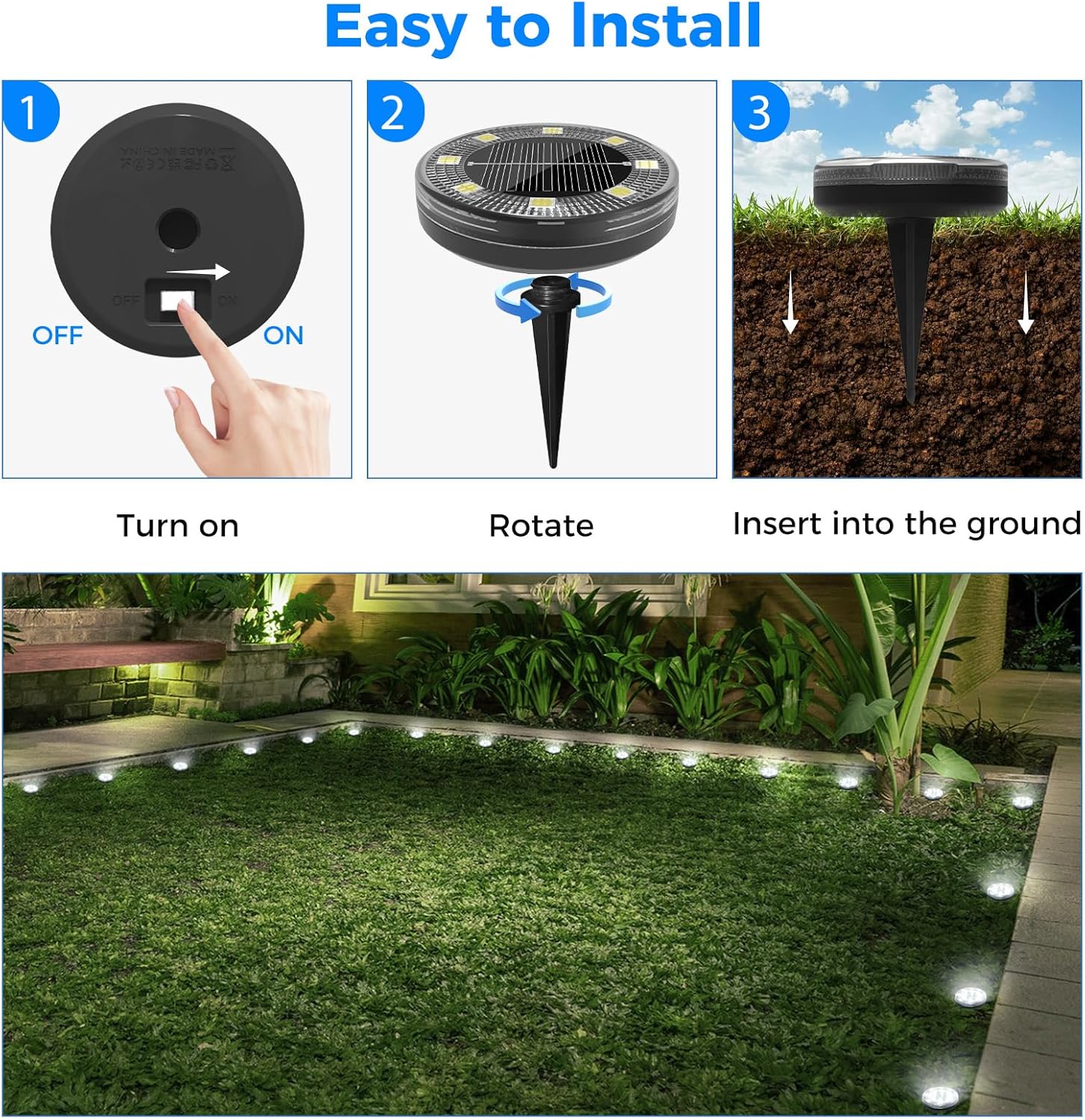 Easy installation guide showing how to place the solar ground light