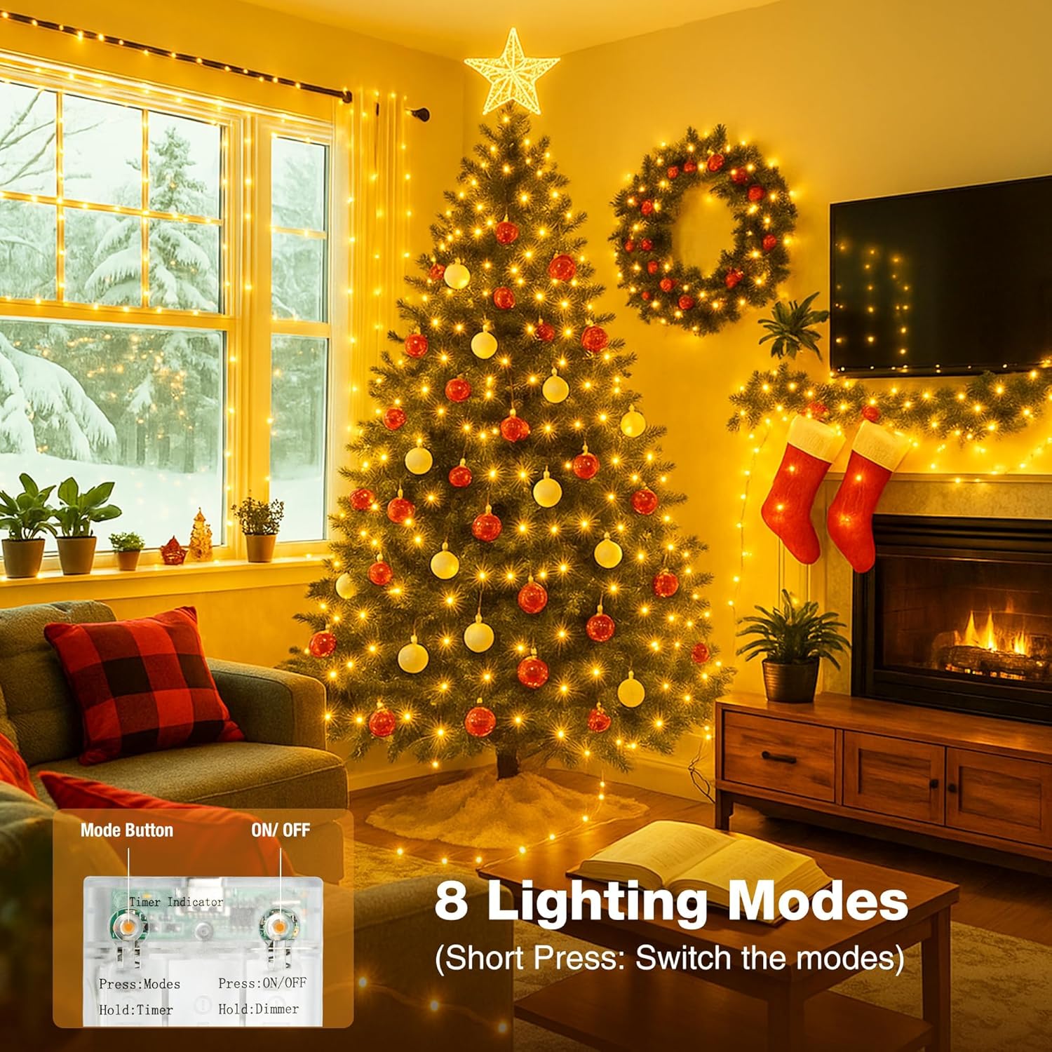 displaying 8 lighting modes including twinkle and steady glow