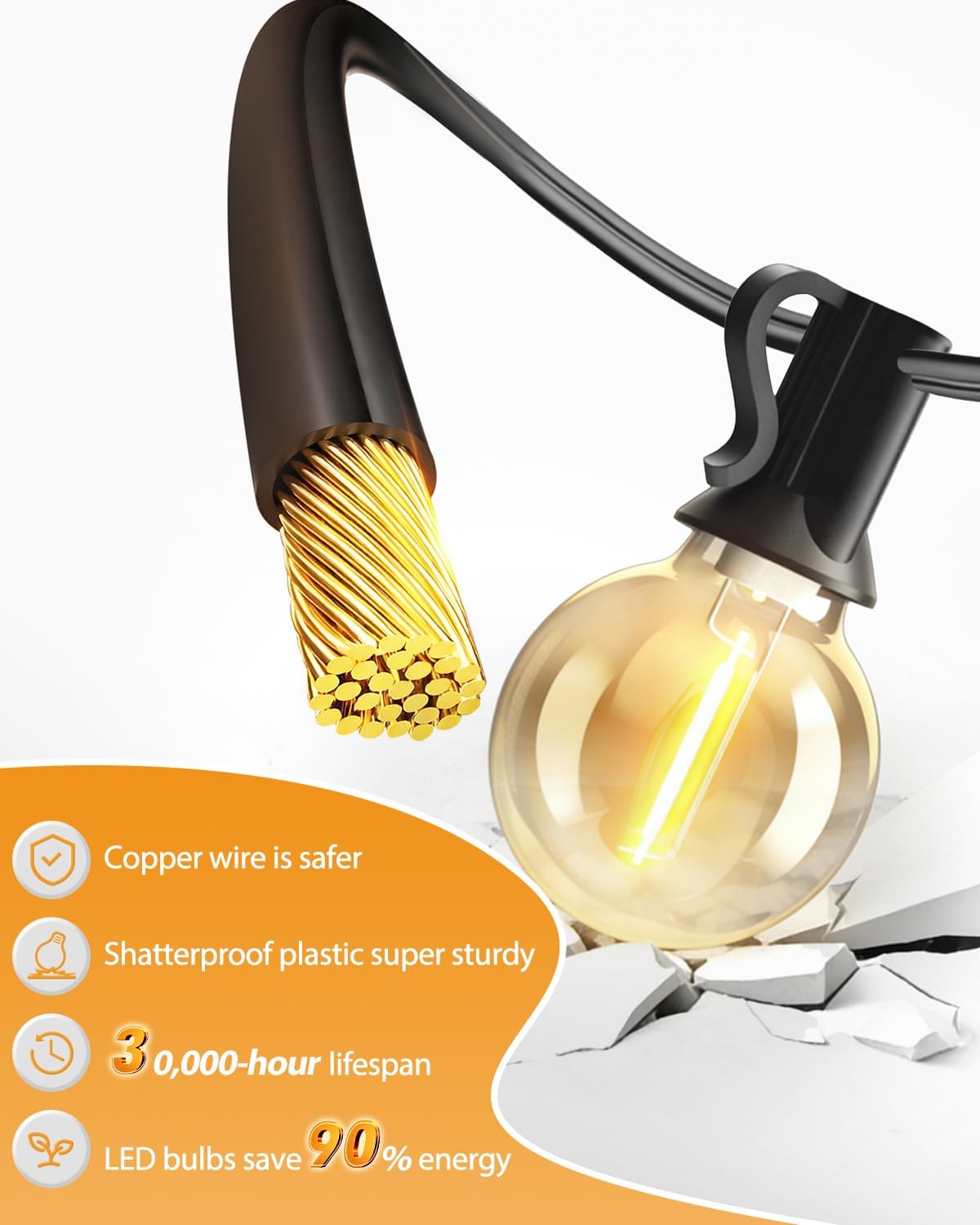 shatterproof G40 LED bulb details on the string lights