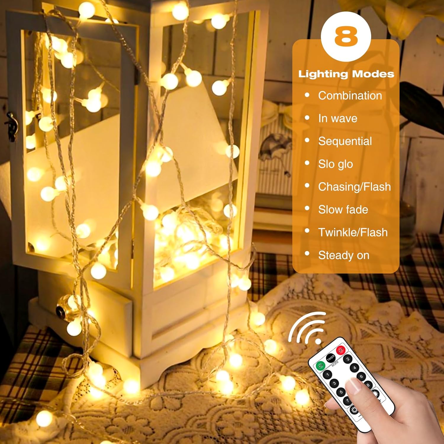 displaying 8 lighting modes on the 80 LED ball fairy lights