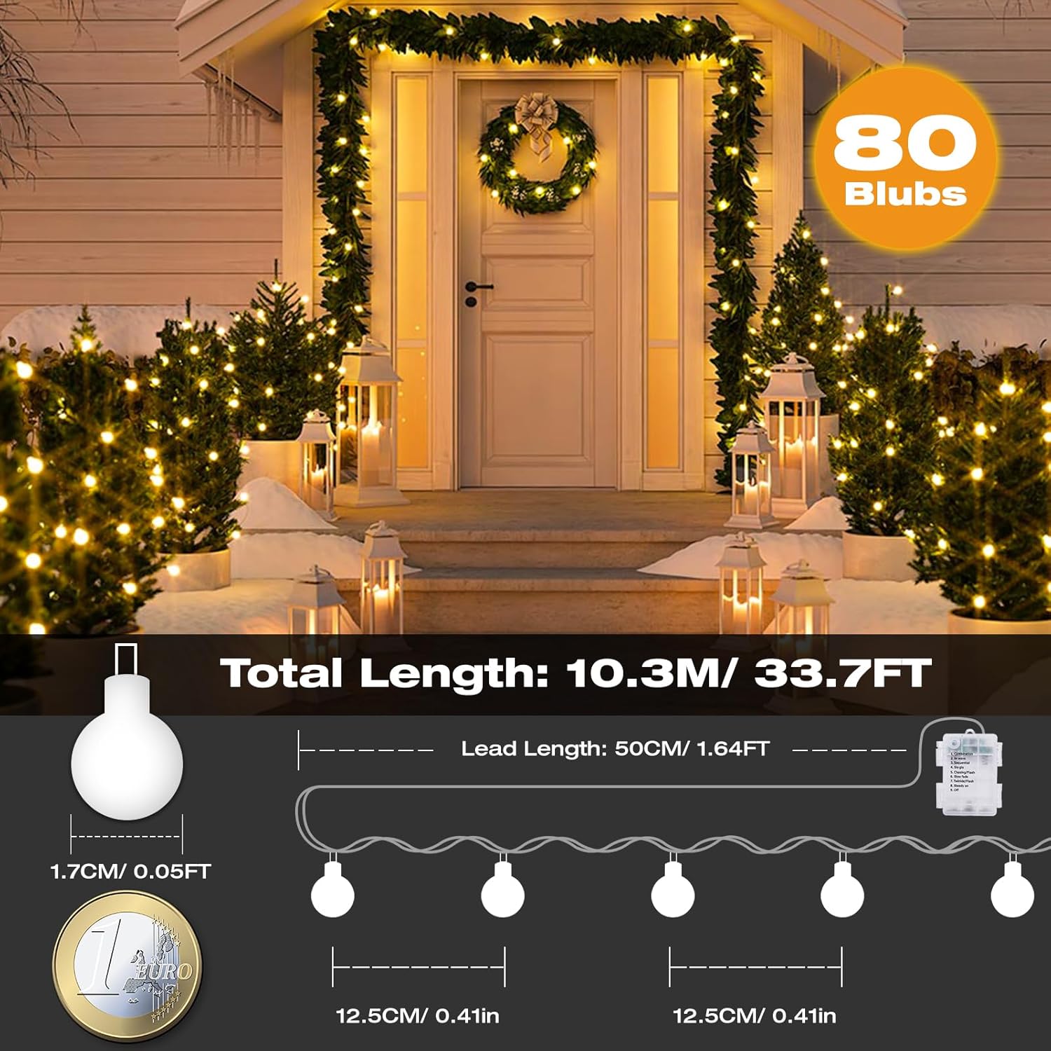 size comparison of 33.7ft 80 LED ball fairy lights with a reference object