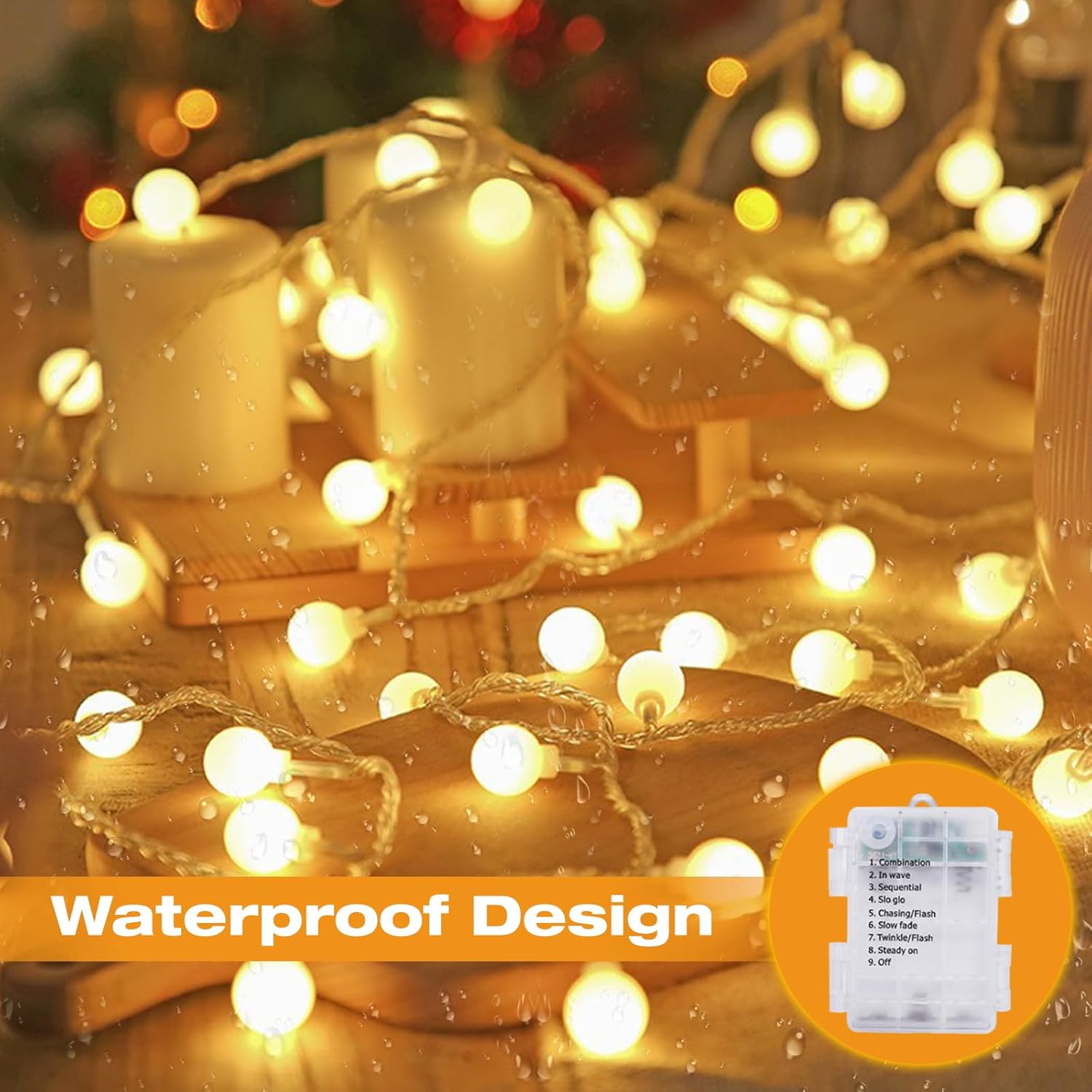 showing IP65 waterproof construction of the 80 LED ball fairy lights