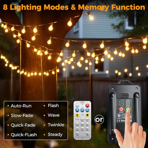 Solar string lights displaying 8 lighting modes including steady and flashing patterns