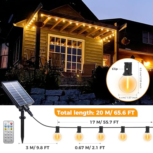 Specifications diagram for 20M solar festoon lights with 25+2 G40 bulbs