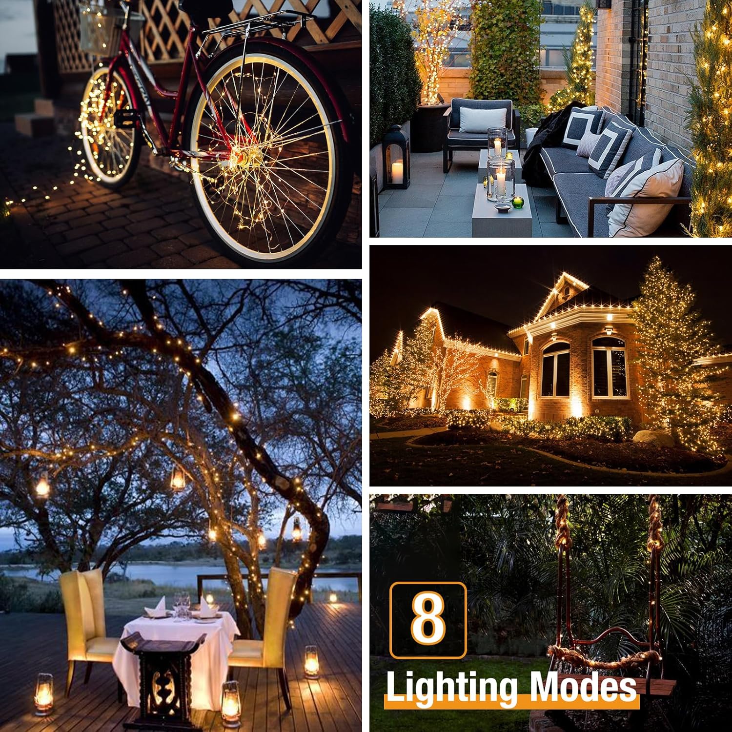 Displaying 8 lighting modes for the solar string lights with mode selection button.