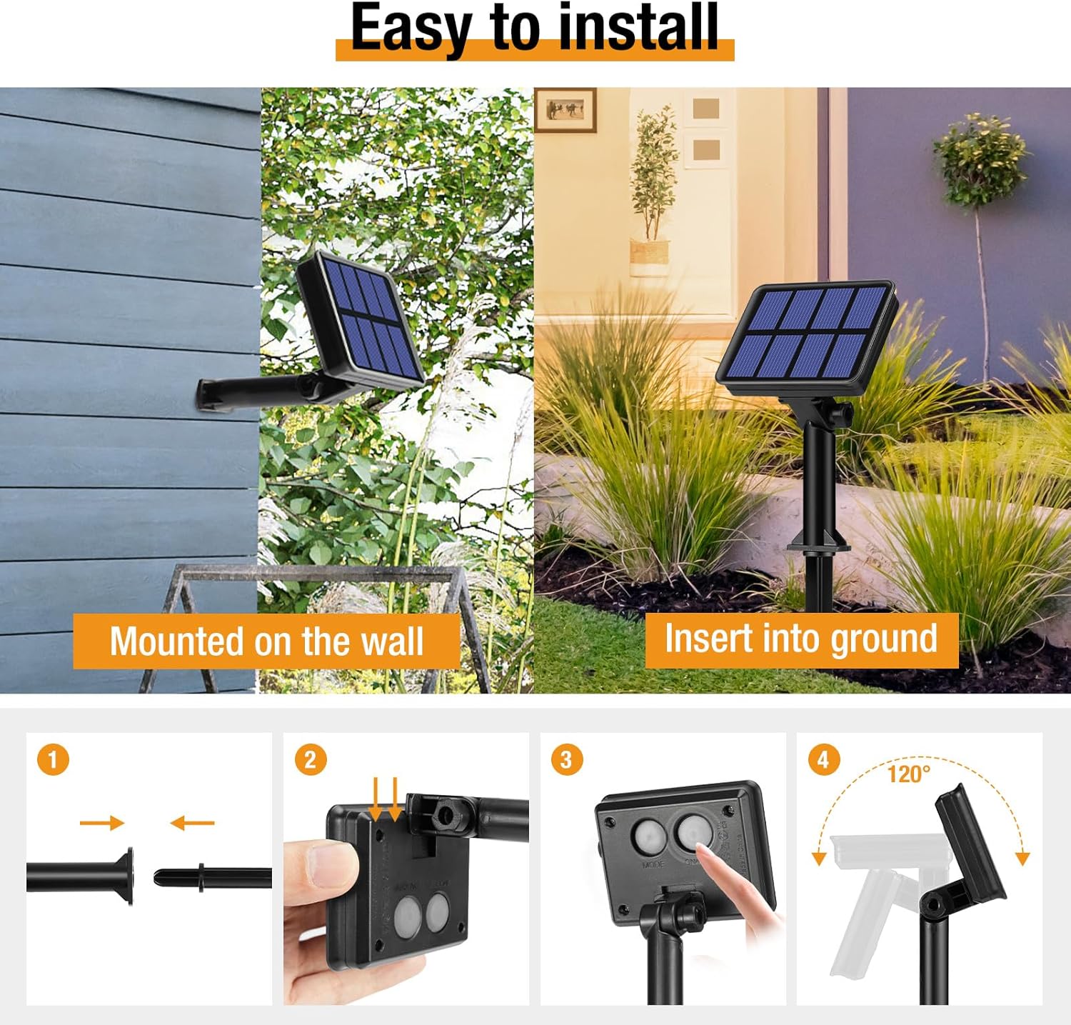 Installation guide diagram showing how to mount solar panel and hang string lights.
