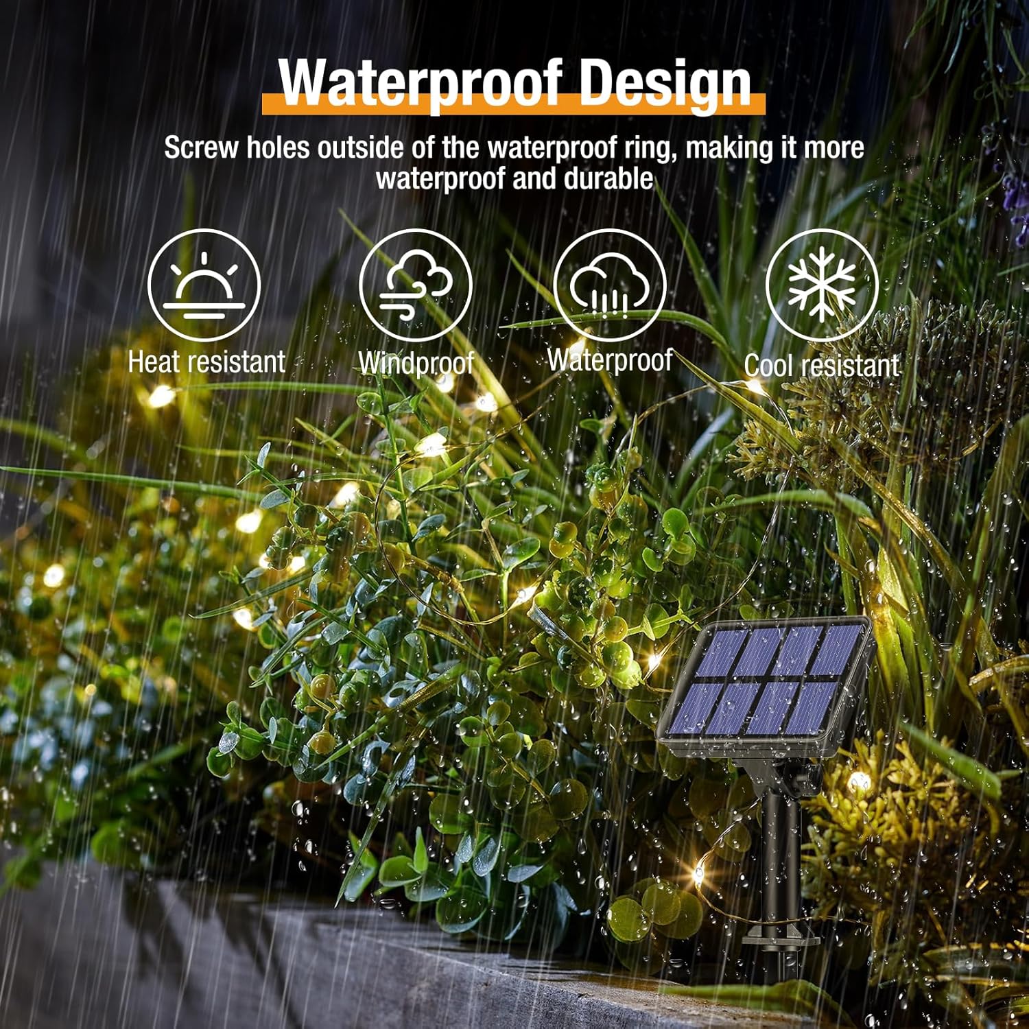 IP65 waterproof construction of solar string lights and panel, resistant to rain and snow.