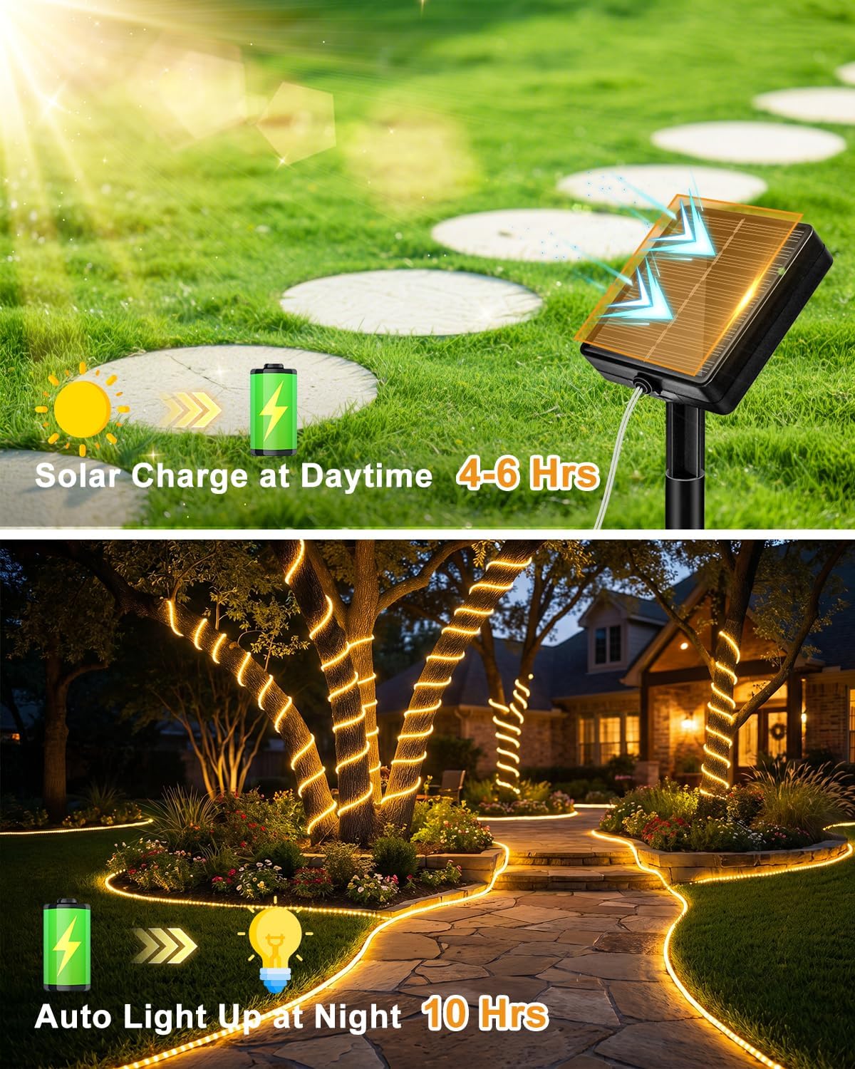 Solar rope lights charging during daytime and automatically lighting at night