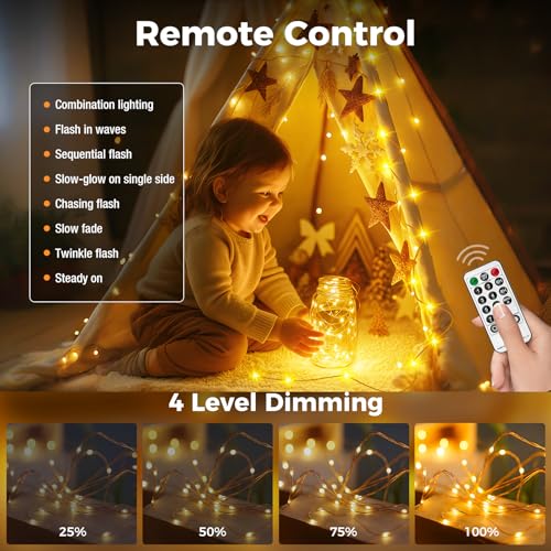 Remote control for fairy lights showing 8 lighting modes and dimmable options