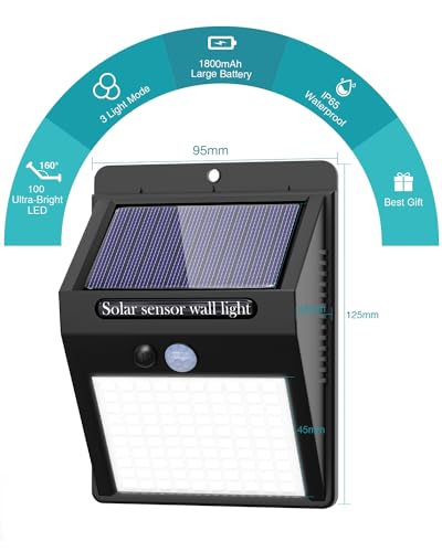 product specs showing 100 LEDs, 1800mAh battery, IP65 waterproof