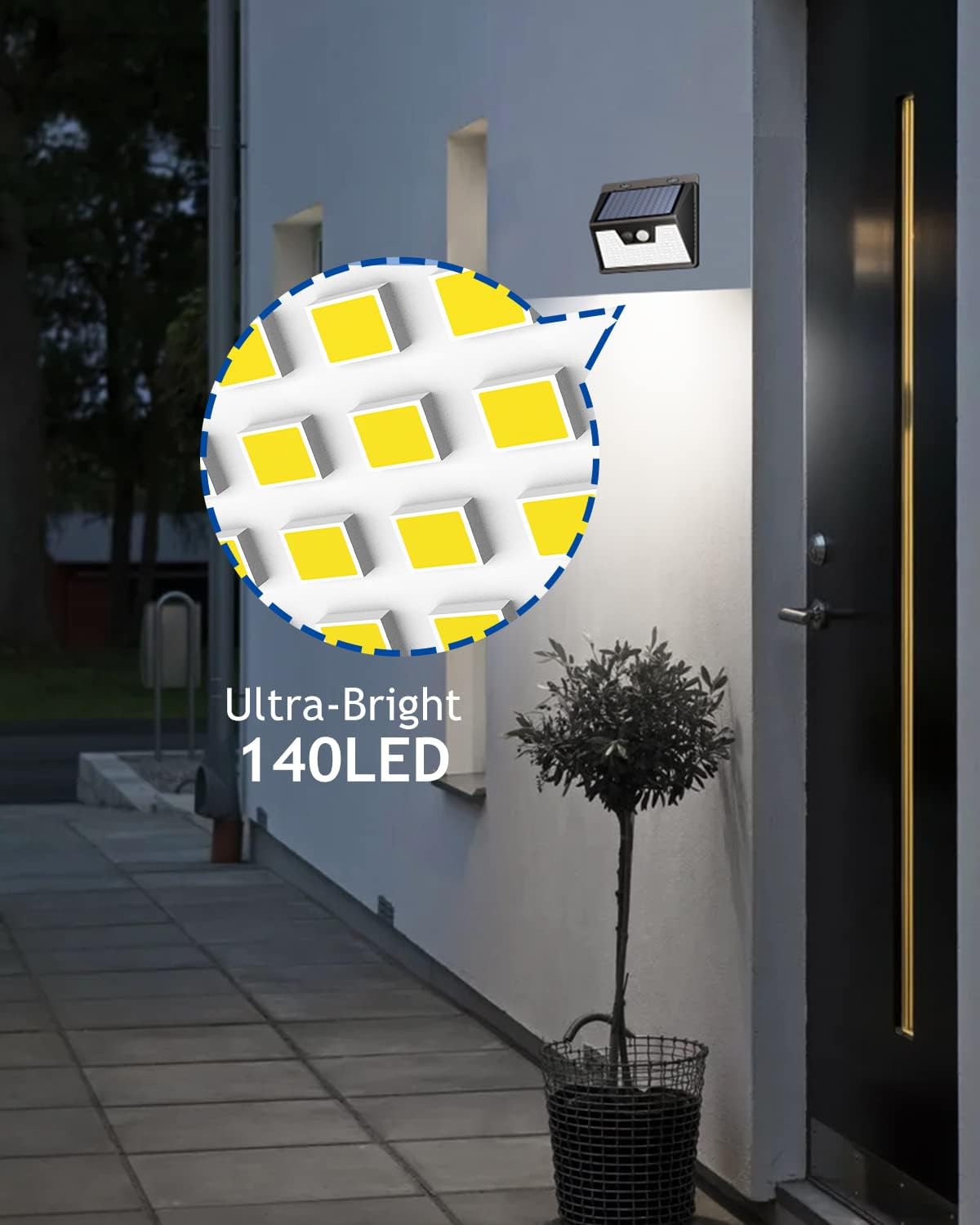 140 LED bright light illuminating a dark outdoor area