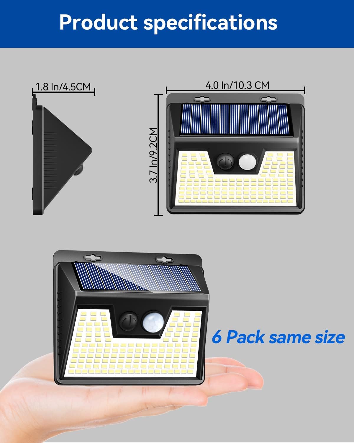 product specifications including dimensions and technical details for the solar light