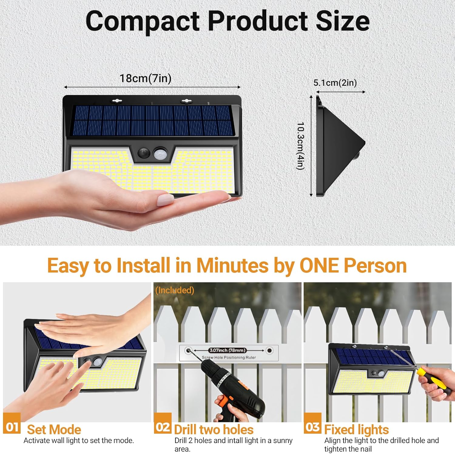 Size and installation guide for solar wall light, compact 18x10.3cm, easy 3-step installation