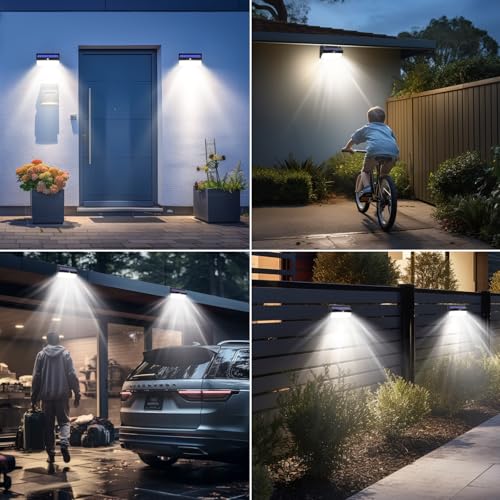 Solar motion sensor lights installed at front door, garden, garage, and fence