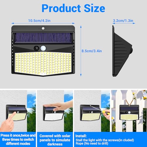 Product size dimensions of the solar wall light for installation planning.